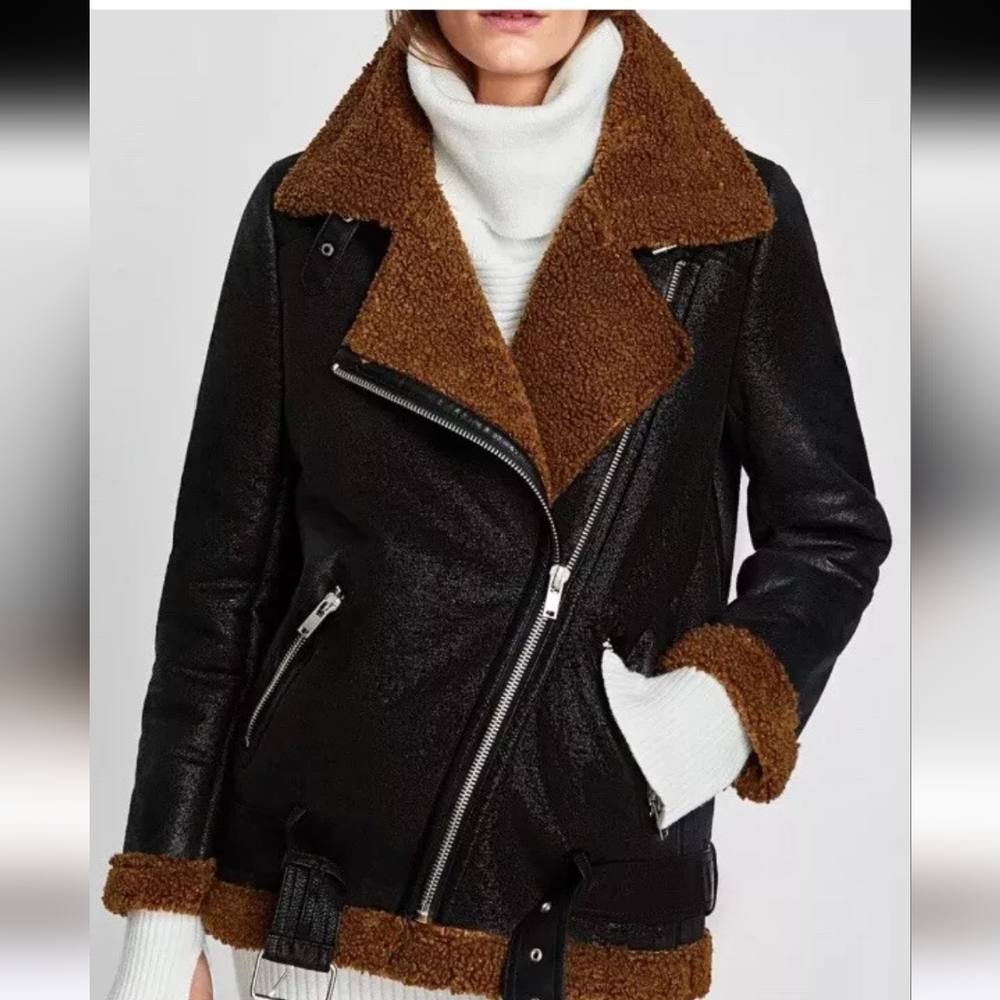 Zara Biker Faux Shearling Fur Leather Moto Jacket